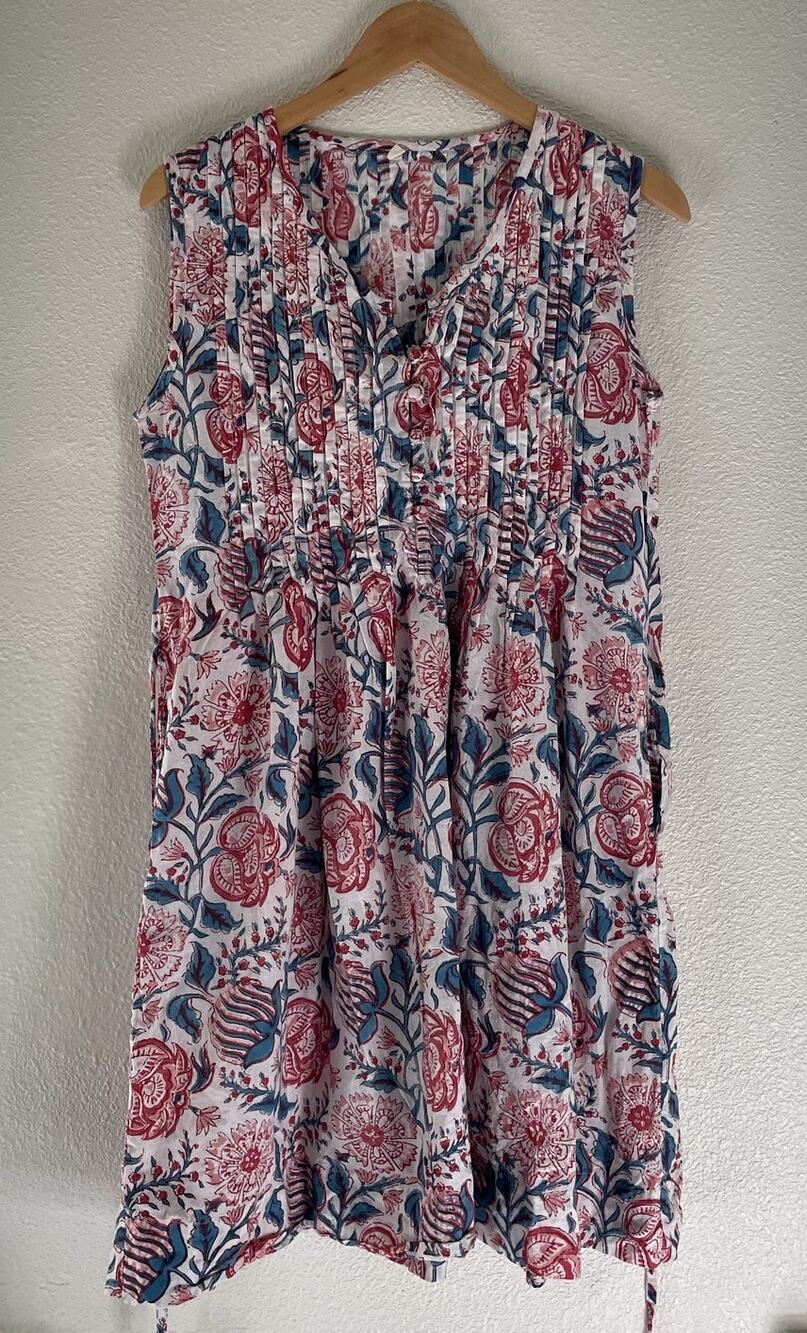 India Floral Hand-Blocked Sleeveless Cotton Shirt Dress Bohemian Garden Style